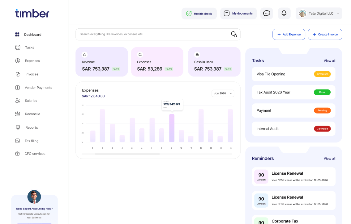 Timber accounting services dashboard interface