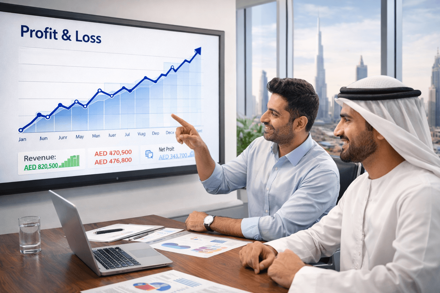 Business partners analyzing financial growth and trends in a UAE meeting room.