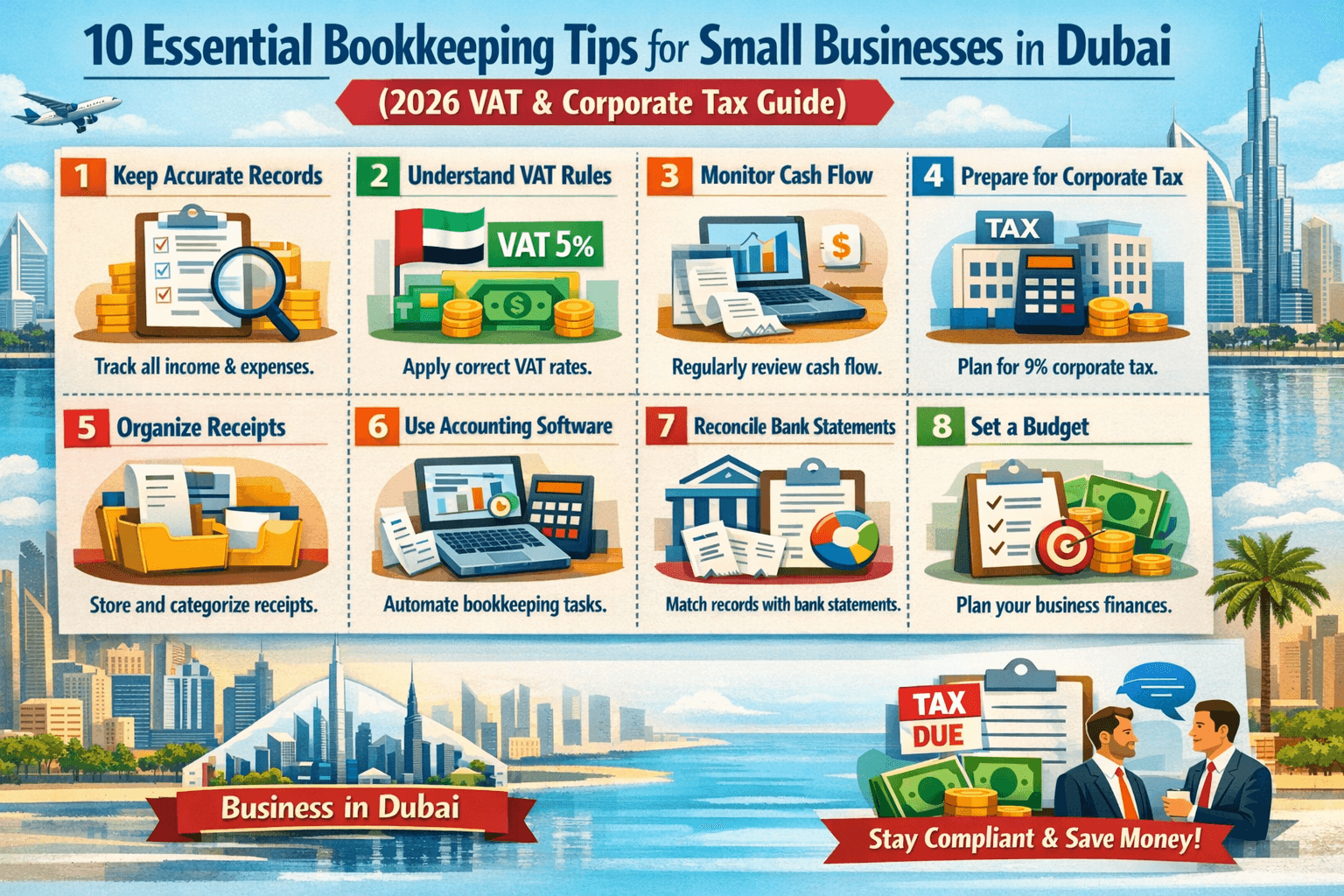 Infographic showing 10 essential bookkeeping tips for small businesses in Dubai, covering VAT compliance, corporate tax planning, cash flow tracking, and organized financial records for 2026.