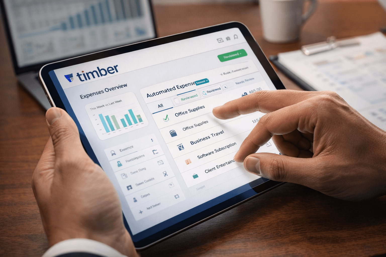 A professional using a digital accounting app alongside traditional financial reports.