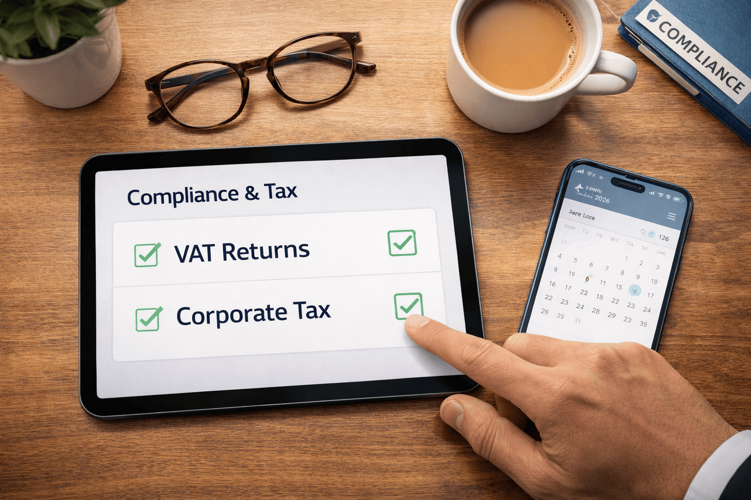 Digital checklist showing successful UAE VAT and Corporate Tax compliance.