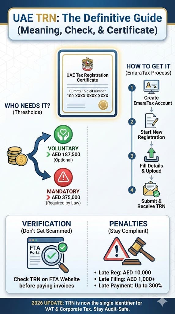 UAE TRN Registration Process Infographic: Step-by-step EmaraTax guide, mandatory (AED 375,000) vs voluntary thresholds, verification on FTA portal, and late registration penalties (AED 10,000).